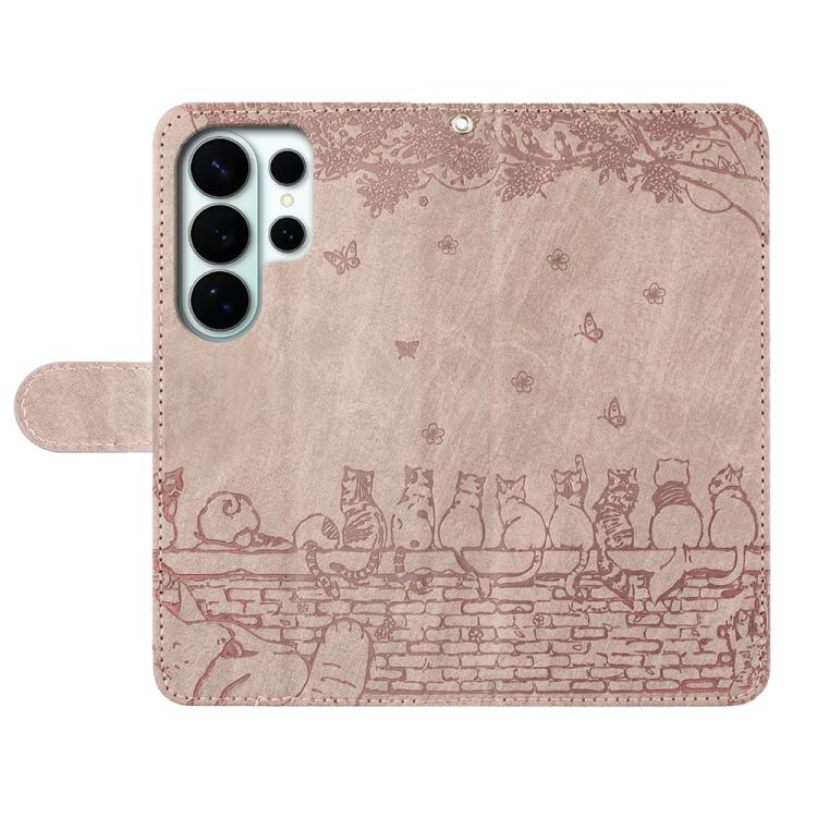 For Samsung Galaxy S26 Ultra 5G Cat Embossing Pattern Leather Phone Case with Lanyard