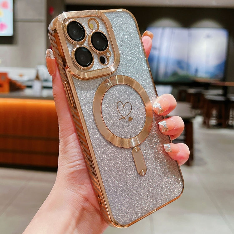 For iPhone 15 Pro Loves Gradient Glitter Carbon Fiber Magsafe TPU Phone Case