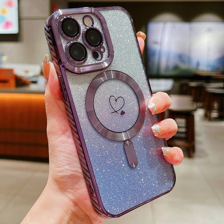 For iPhone 15 Pro Loves Gradient Glitter Carbon Fiber Magsafe TPU Phone Case