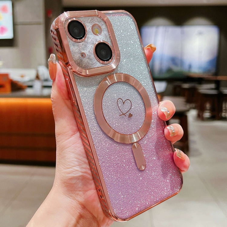 For iPhone 15 Plus Loves Gradient Glitter Carbon Fiber Magsafe TPU Phone Case