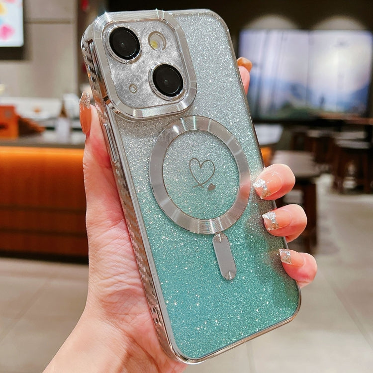 For iPhone 15 Plus Loves Gradient Glitter Carbon Fiber Magsafe TPU Phone Case