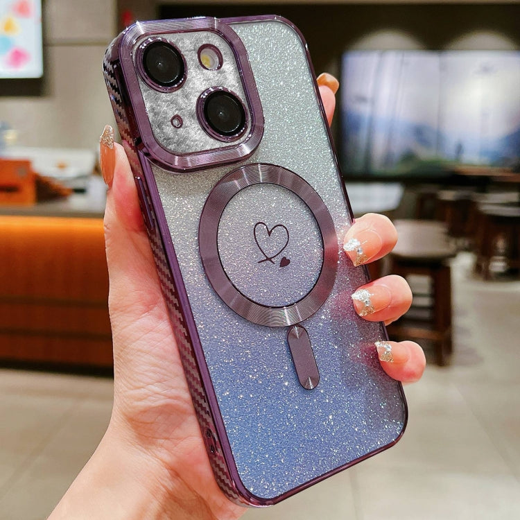 For iPhone 15 Plus Loves Gradient Glitter Carbon Fiber Magsafe TPU Phone Case