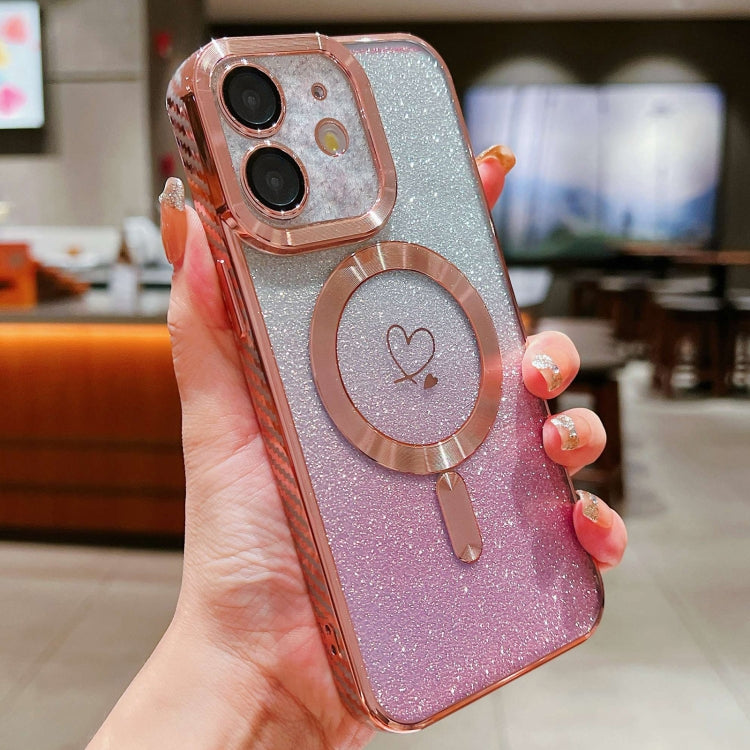 For iPhone 12 Loves Gradient Glitter Carbon Fiber Magsafe TPU Phone Case