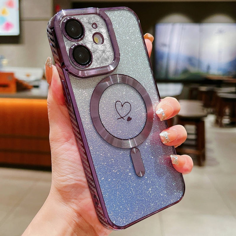 For iPhone 12 Loves Gradient Glitter Carbon Fiber Magsafe TPU Phone Case