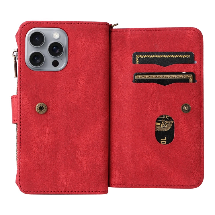 For iPhone 16 Pro Max Skin Feel Multi Card Slots Zipper Wallet Leather Phone Case