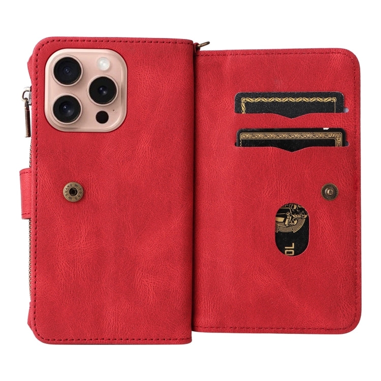 For iPhone 16 Pro Skin Feel Multi Card Slots Zipper Wallet Leather Phone Case
