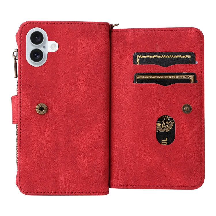 For iPhone 16 Plus Skin Feel Multi Card Slots Zipper Wallet Leather Phone Case