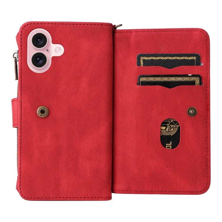 For iPhone 16 Skin Feel Multi Card Slots Zipper Wallet Leather Phone Case
