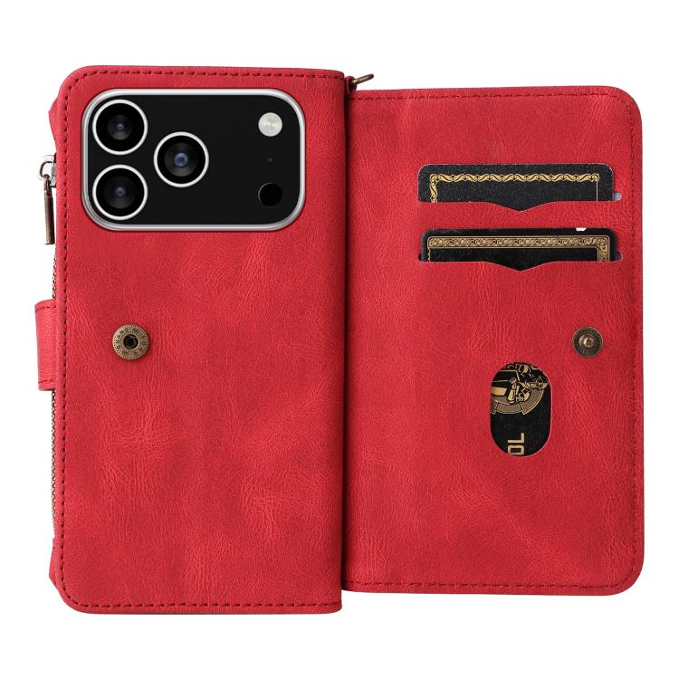 For iPhone 17 Pro Skin Feel Multi Card Slots Zipper Wallet Leather Phone Case