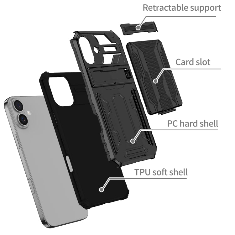 For iPhone 16 Plus Kickstand Armor Card Wallet Phone Case