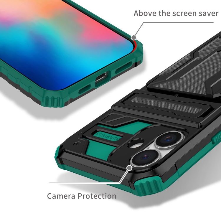 For iPhone 16 Plus Kickstand Armor Card Wallet Phone Case