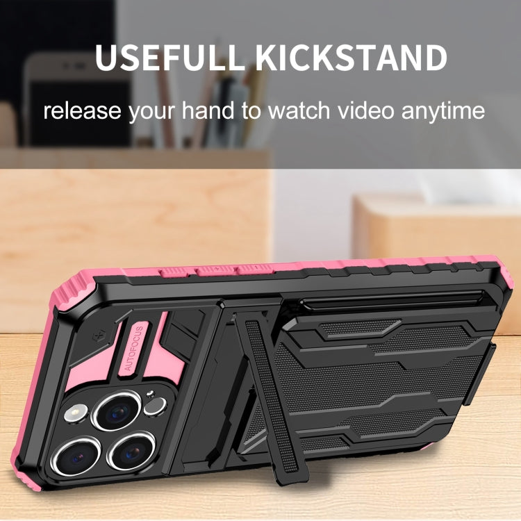 For iPhone 16 Pro Kickstand Armor Card Wallet Phone Case