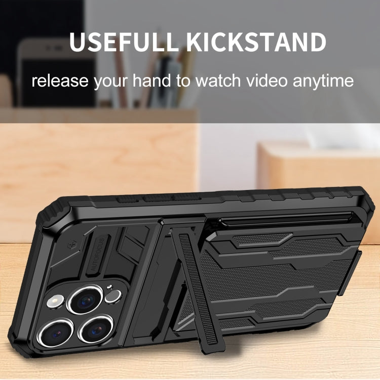 For iPhone 16 Pro Kickstand Armor Card Wallet Phone Case