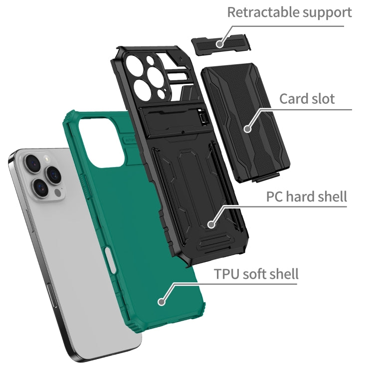 For iPhone 16 Pro Kickstand Armor Card Wallet Phone Case