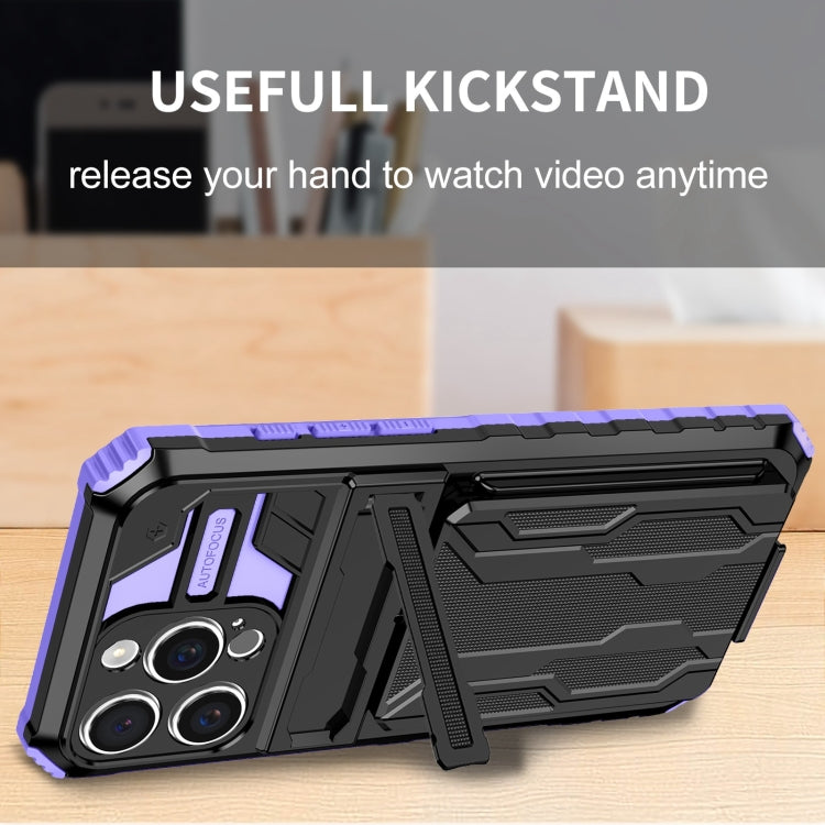 For iPhone 16 Pro Kickstand Armor Card Wallet Phone Case