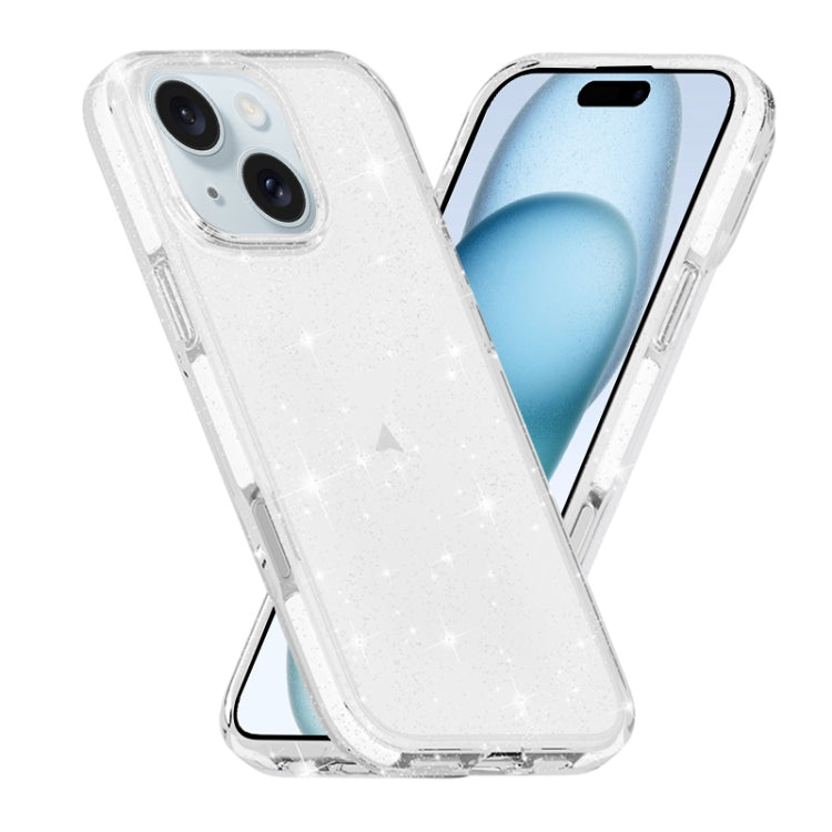 For iPhone 15 Dual Color Clear Glitter TPU + TPE Full Coverage Phone Case - Glitter White