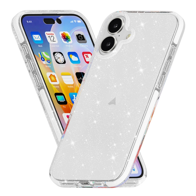 For iPhone 16 Dual Color Clear Glitter TPU + TPE Full Coverage Phone Case - Glitter White