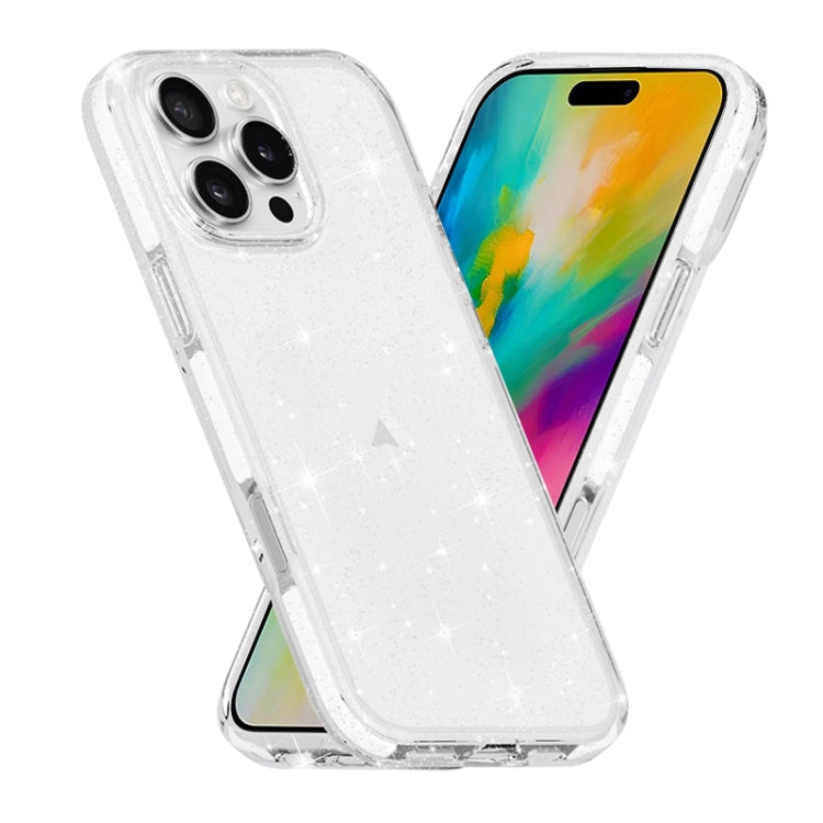 For iPhone 16 Pro Max Dual Color Clear Glitter TPU + TPE Full Coverage Phone Case - Glitter White