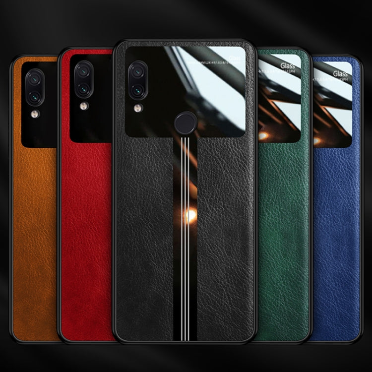For Xiaomi Redmi Note 7 Leather Texture PU + Glass + TPU Shockproof Protective Case