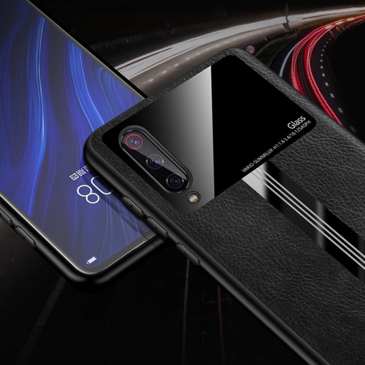 For Xiaomi Mi 9 Leather Texture PU + Glass + TPU Shockproof Protective Case