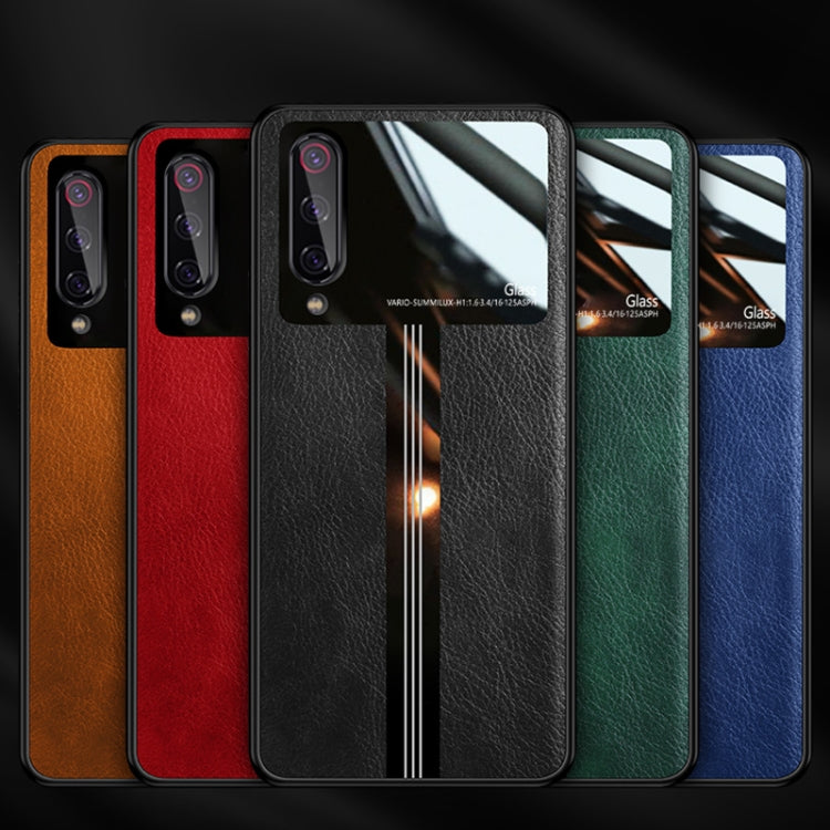 For Xiaomi Mi 9 Leather Texture PU + Glass + TPU Shockproof Protective Case