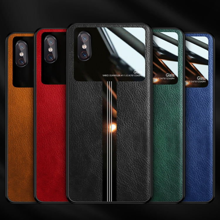 For Xiaomi Mi 8 Explorer Leather Texture PU + Glass + TPU Shockproof Protective Case