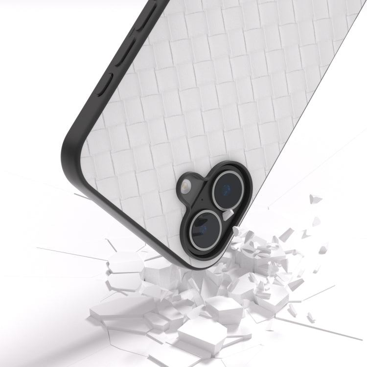 For iPhone 16 Black Frame Woven Texture PU Phone Case