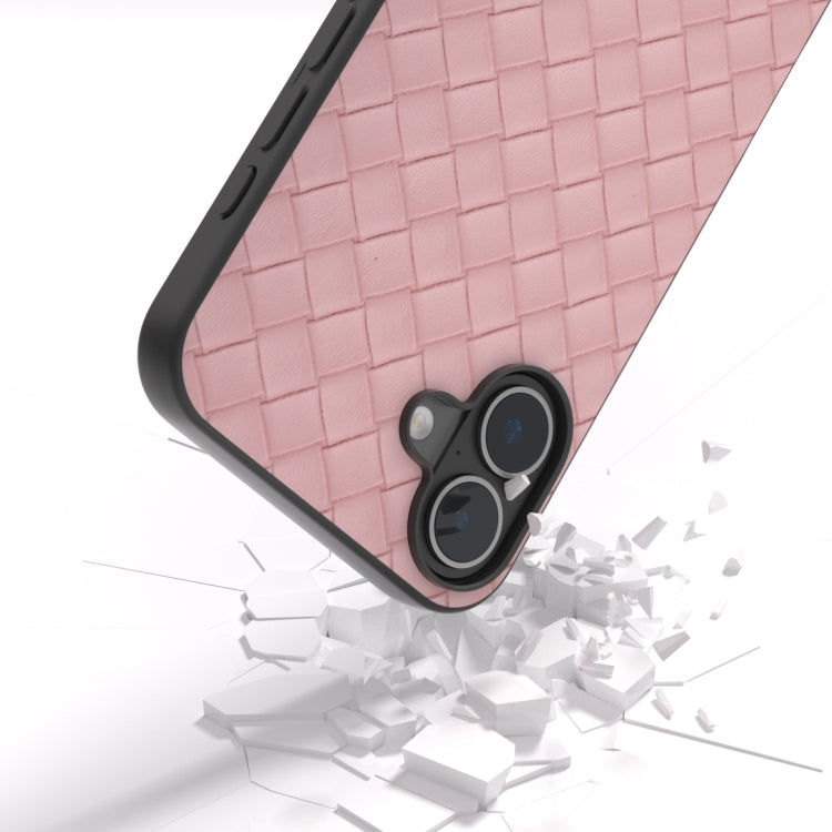 For iPhone 16 Black Frame Woven Texture PU Phone Case