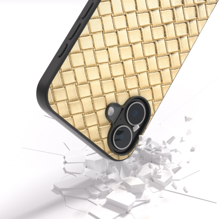 For iPhone 16 Black Frame Woven Texture PU Phone Case