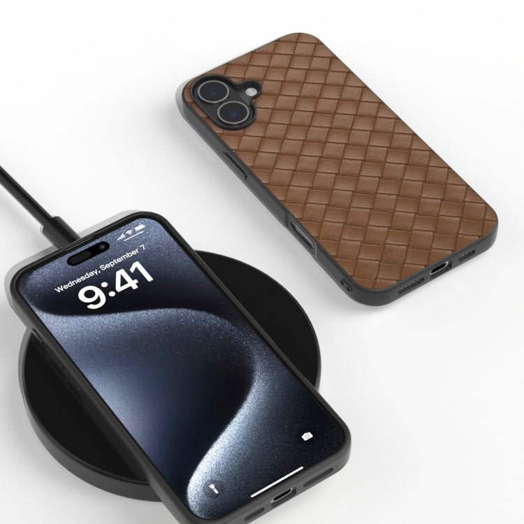 For iPhone 16 Black Frame Woven Texture PU Phone Case