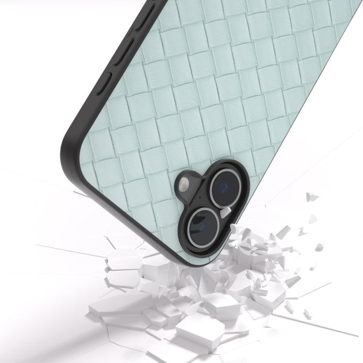 For iPhone 16 Black Frame Woven Texture PU Phone Case