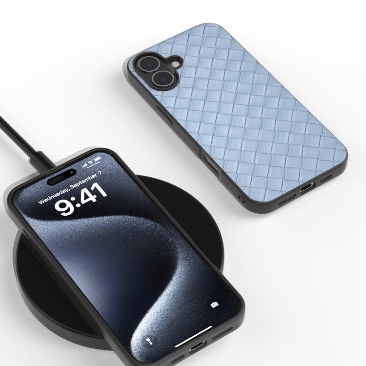 For iPhone 16 Black Frame Woven Texture PU Phone Case