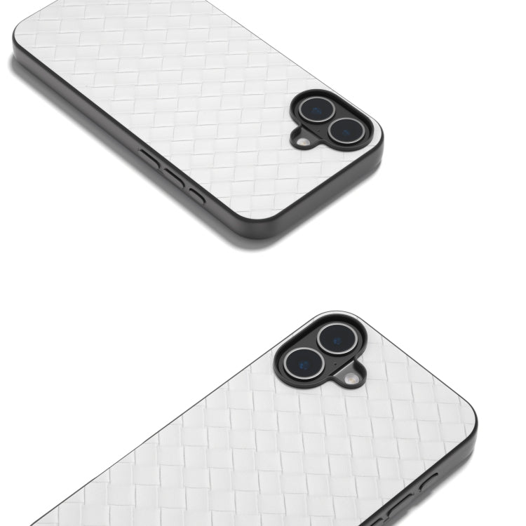 For iPhone 16 Plus Black Frame Woven Texture PU Phone Case