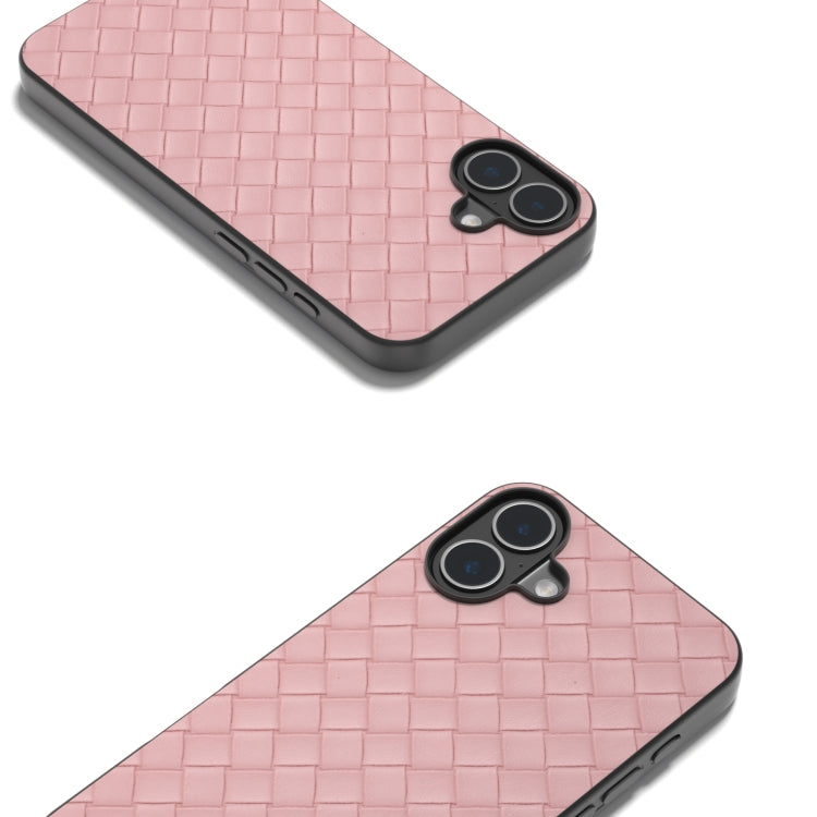 For iPhone 16 Plus Black Frame Woven Texture PU Phone Case