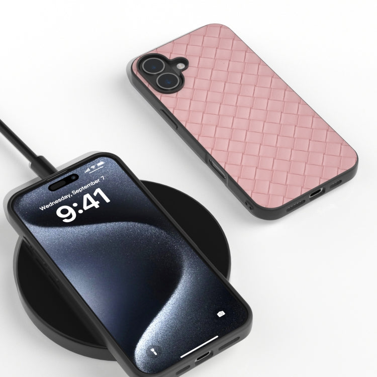 For iPhone 16 Plus Black Frame Woven Texture PU Phone Case