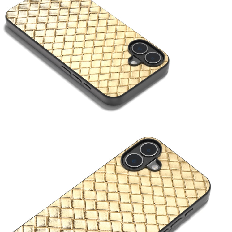 For iPhone 16 Plus Black Frame Woven Texture PU Phone Case