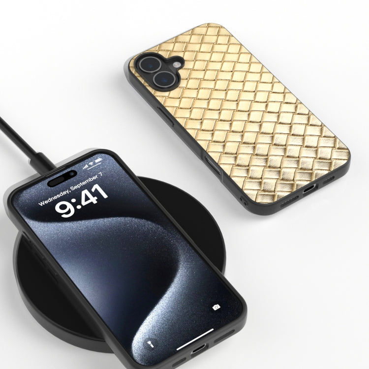 For iPhone 16 Plus Black Frame Woven Texture PU Phone Case