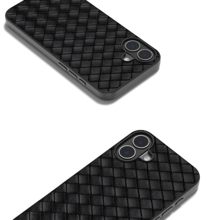 For iPhone 16 Plus Black Frame Woven Texture PU Phone Case