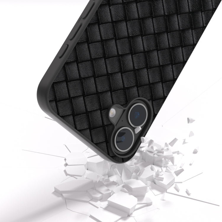 For iPhone 16 Plus Black Frame Woven Texture PU Phone Case