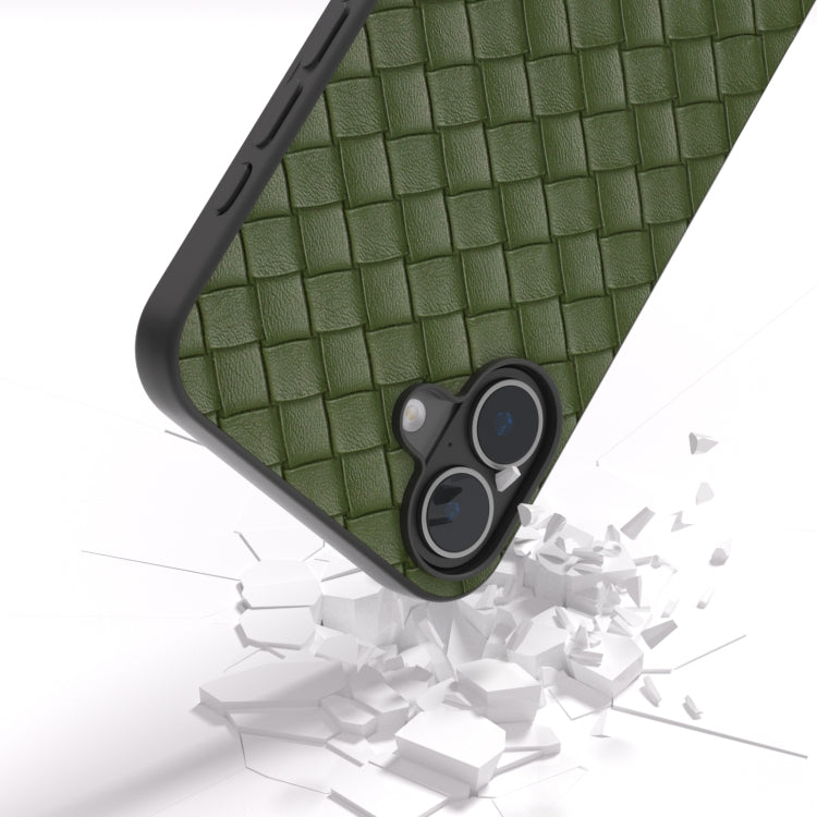 For iPhone 16 Plus Black Frame Woven Texture PU Phone Case