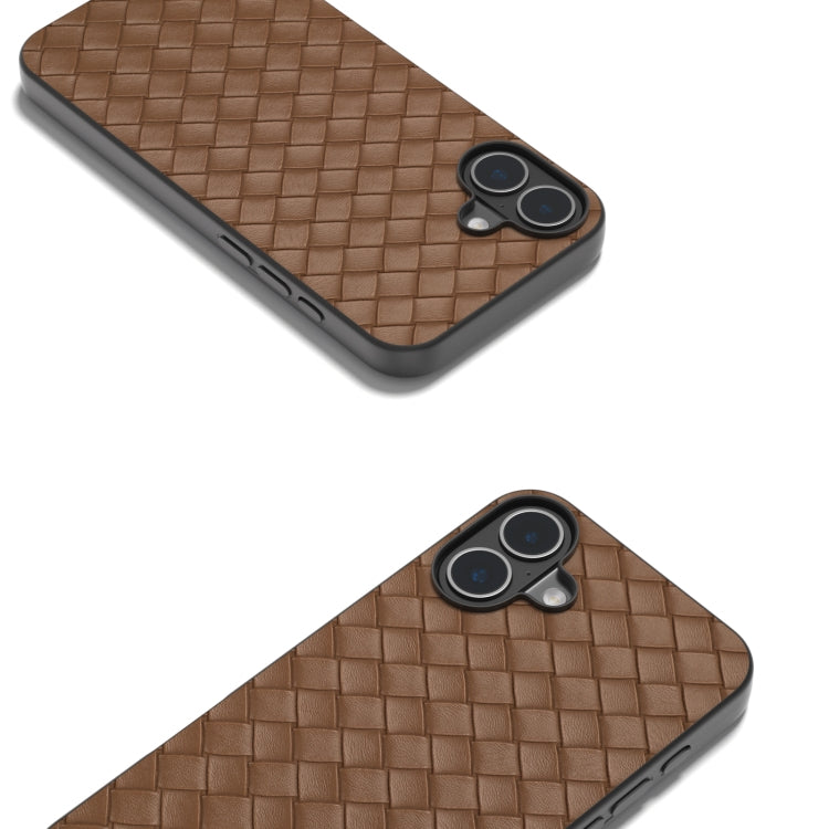 For iPhone 16 Plus Black Frame Woven Texture PU Phone Case