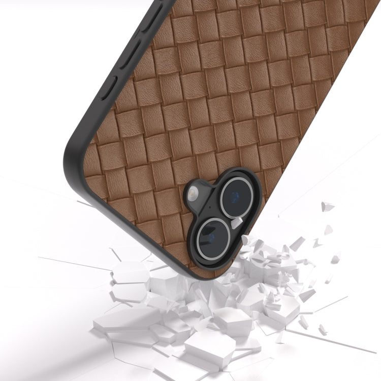 For iPhone 16 Plus Black Frame Woven Texture PU Phone Case