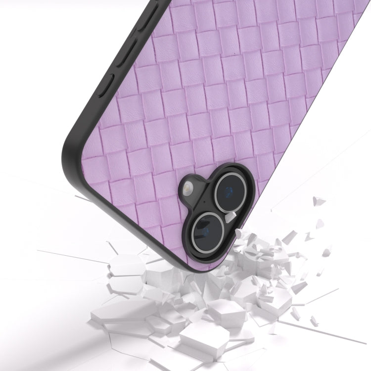 For iPhone 16 Plus Black Frame Woven Texture PU Phone Case