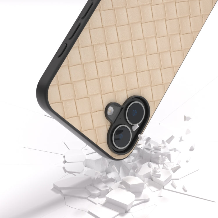 For iPhone 16 Plus Black Frame Woven Texture PU Phone Case
