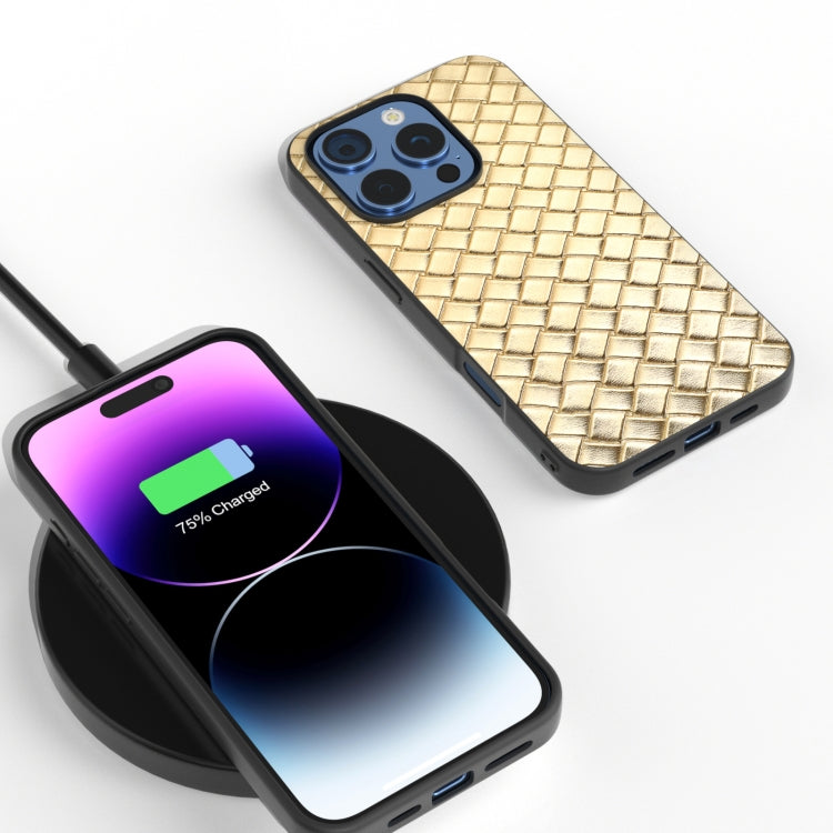 For iPhone 16 Pro Black Frame Woven Texture PU Phone Case