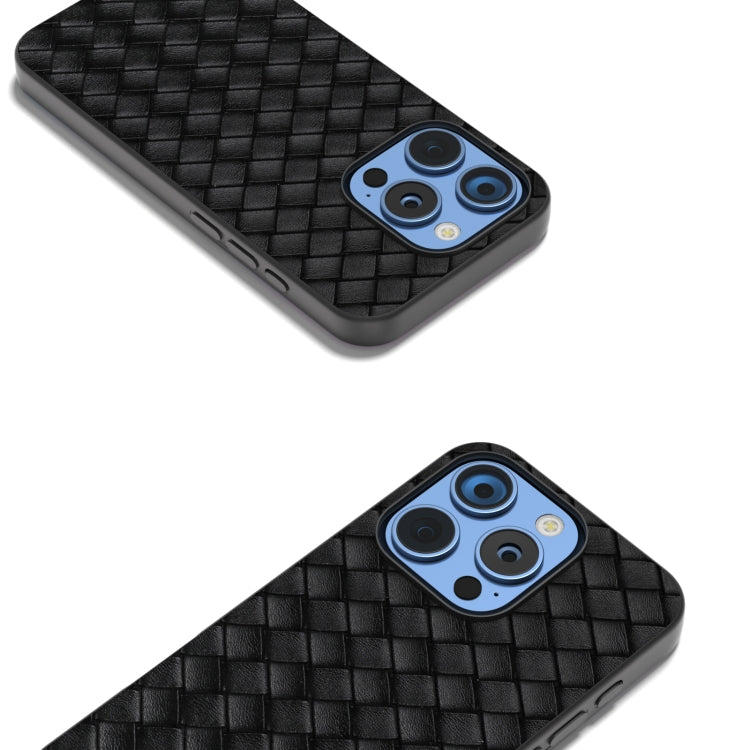 For iPhone 16 Pro Black Frame Woven Texture PU Phone Case