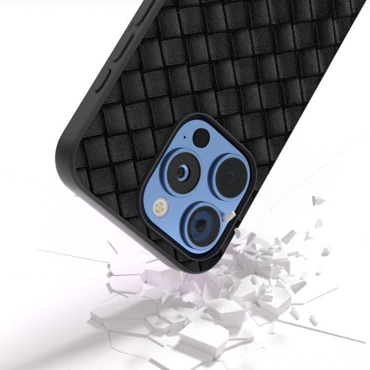 For iPhone 16 Pro Black Frame Woven Texture PU Phone Case