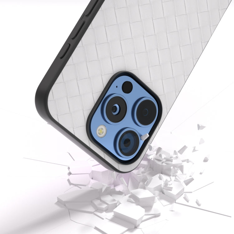 For iPhone 16 Pro Max Black Frame Woven Texture PU Phone Case