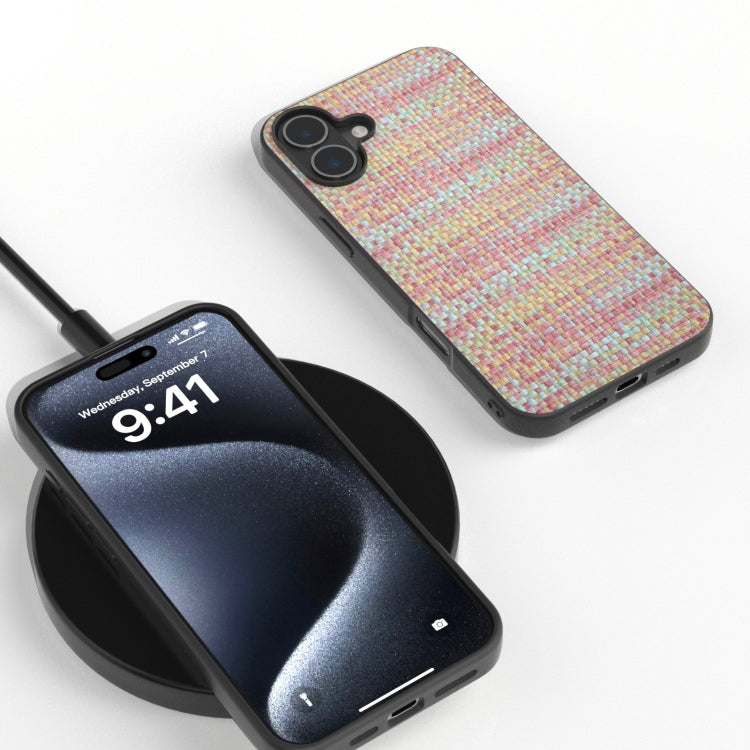 For iPhone 16 Plus Black Frame Color Lattice Texture PU Phone Case