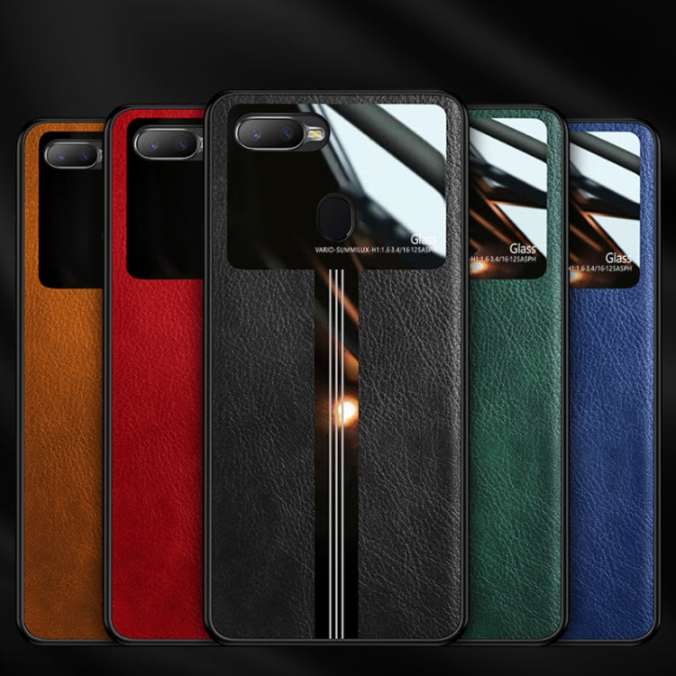For OPPO A7X Leather Texture PU + Glass + TPU Shockproof Protective Case